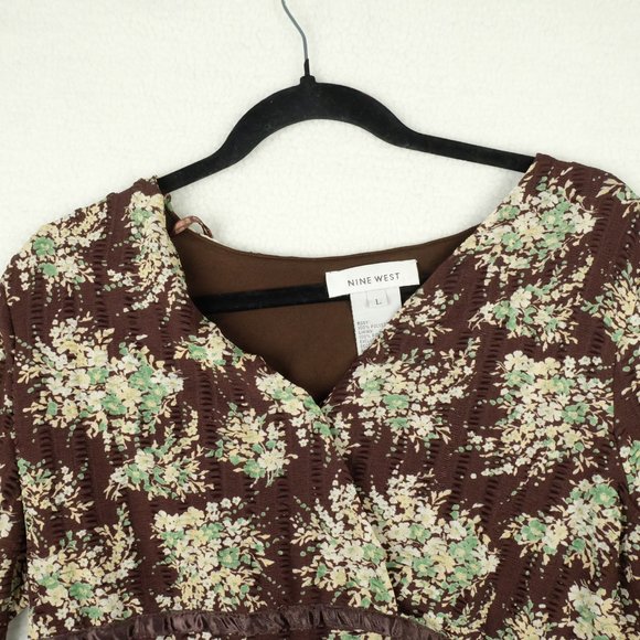 Nine West Womens Shirt Top Large Brown Green Floral Retro Cottagecore Peplum - Picture 2 of 8